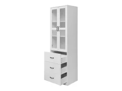 Vitrina blanca con 3 cajones, 2 puertas de cristal y luces LED, estantes regulables.