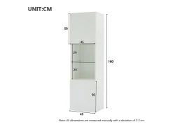 Vitrina blanca con iluminación LED, 45x35x160 cm, 1 estante y 2 puertas, para salón y despacho