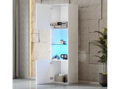 Vitrina blanca con iluminación LED, 45x35x160 cm, 1 estante y 2 puertas, para salón y despacho