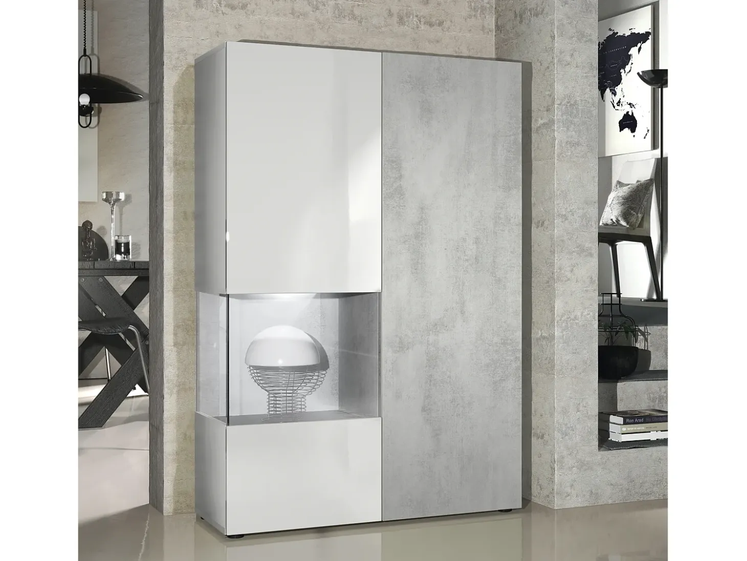 Vitrina Cómoda Morena, cuerpo en blanco mate/ puerta derecha e inserción con apariencia de óxido de hormigón