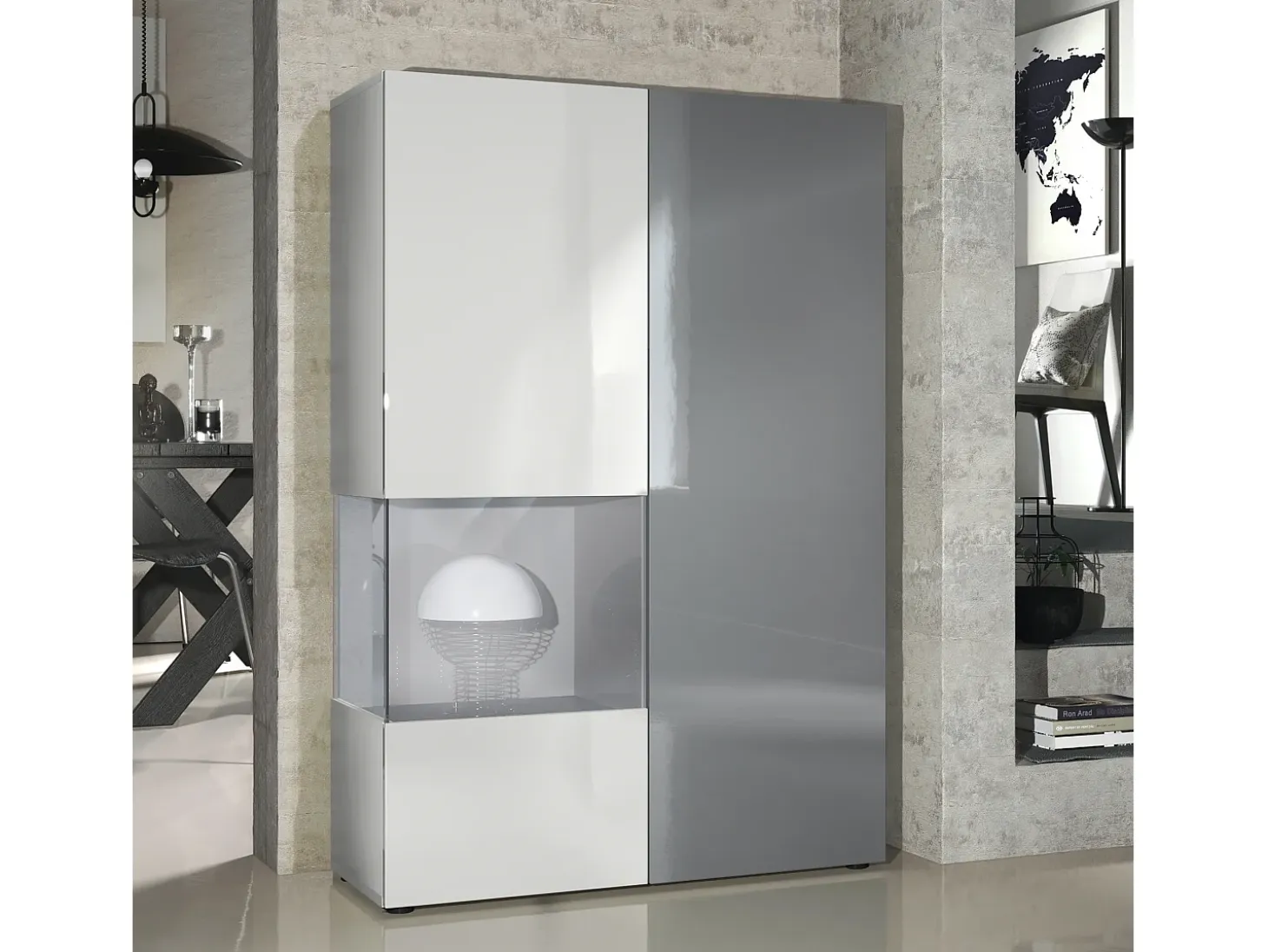 Vitrina Cómoda Morena, cuerpo en blanco mate/ puerta derecha e inserción en gris de alto brillo