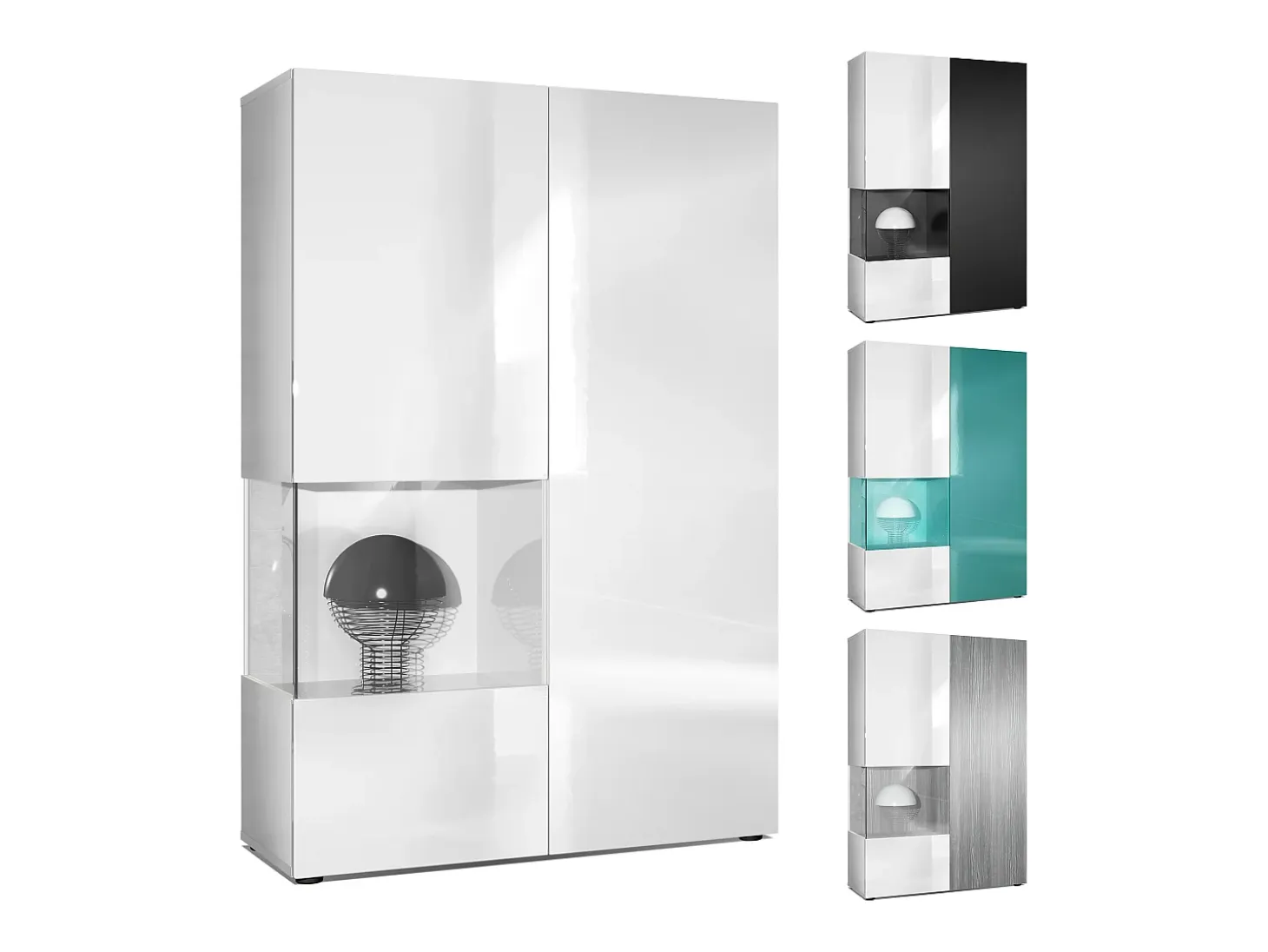 Vitrina Cómoda Morena, cuerpo en blanco mate/ puerta derecha e inserción en blanco de alto brillo con iluminación LED