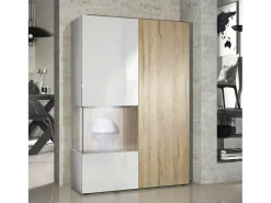 Vitrina Cómoda Morena, cuerpo en blanco mate/ puerta derecha e inserción en roble natural con iluminación LED