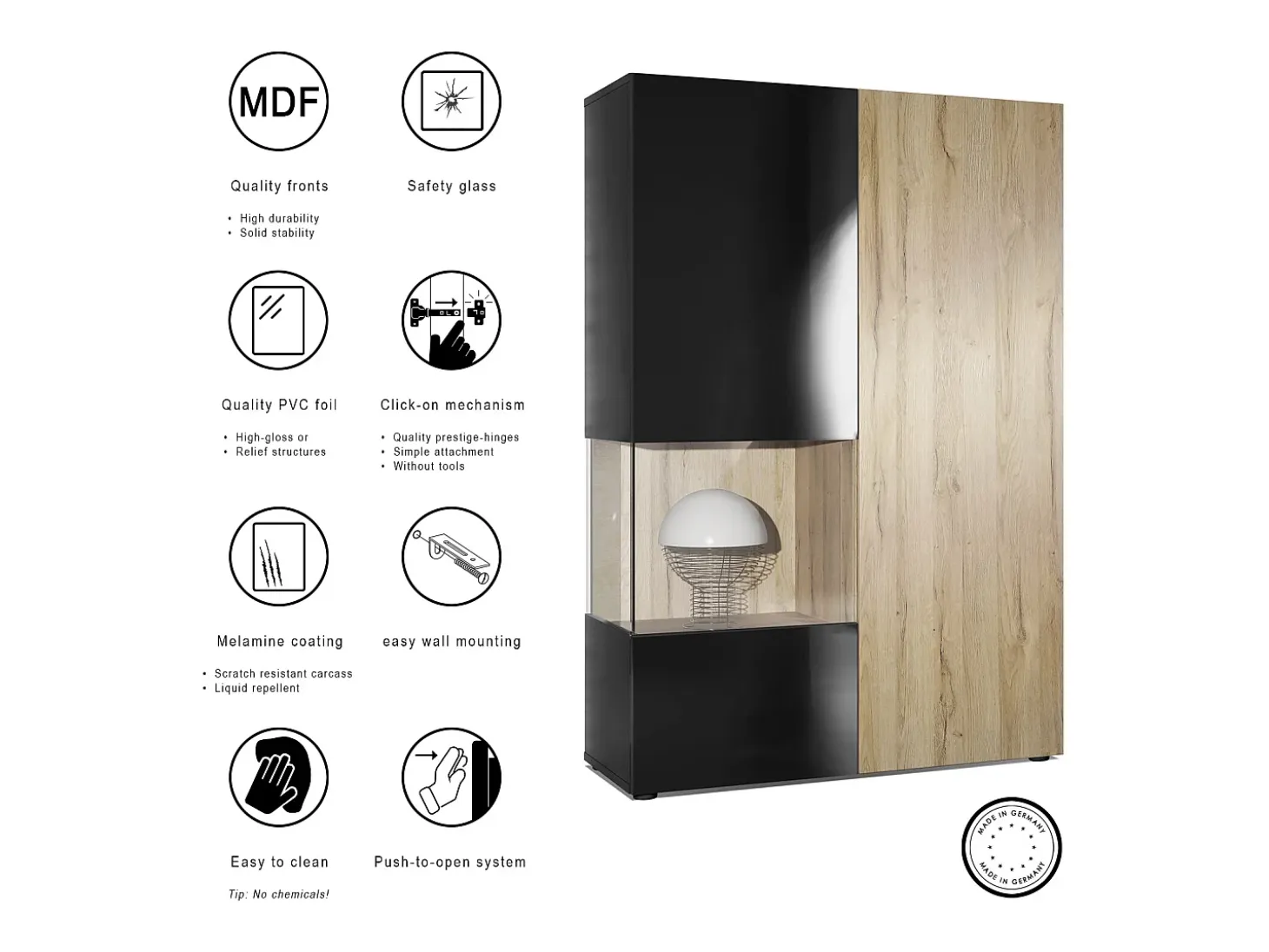 Vitrina Cómoda Morena, cuerpo en negro mate/ puerta derecha e inserción en burdeos de alto brillo con iluminación LED