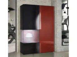 Vitrina Cómoda Morena, cuerpo en negro mate/ puerta derecha e inserción en burdeos de alto brillo con iluminación LED