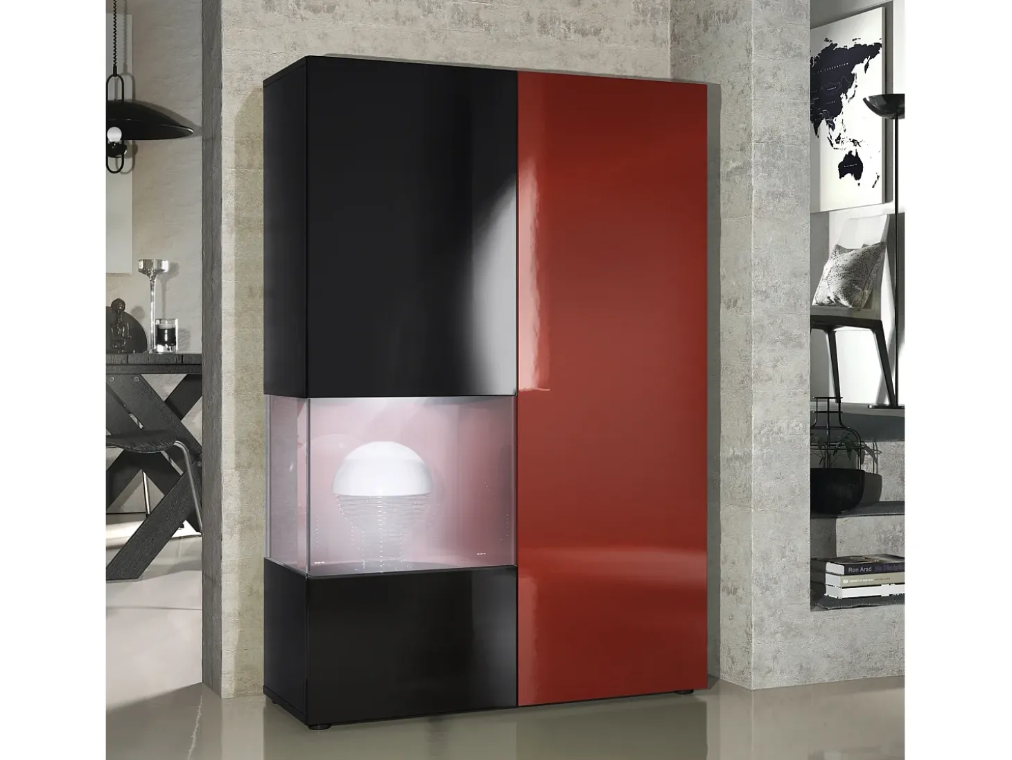 Vitrina Cómoda Morena, cuerpo en negro mate/ puerta derecha e inserción en burdeos de alto brillo con iluminación LED