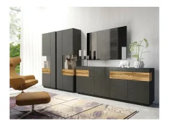 Vitrina colección KILES color gris antracita y roble. Modelo de vitrina a la derecha. LED integrado.