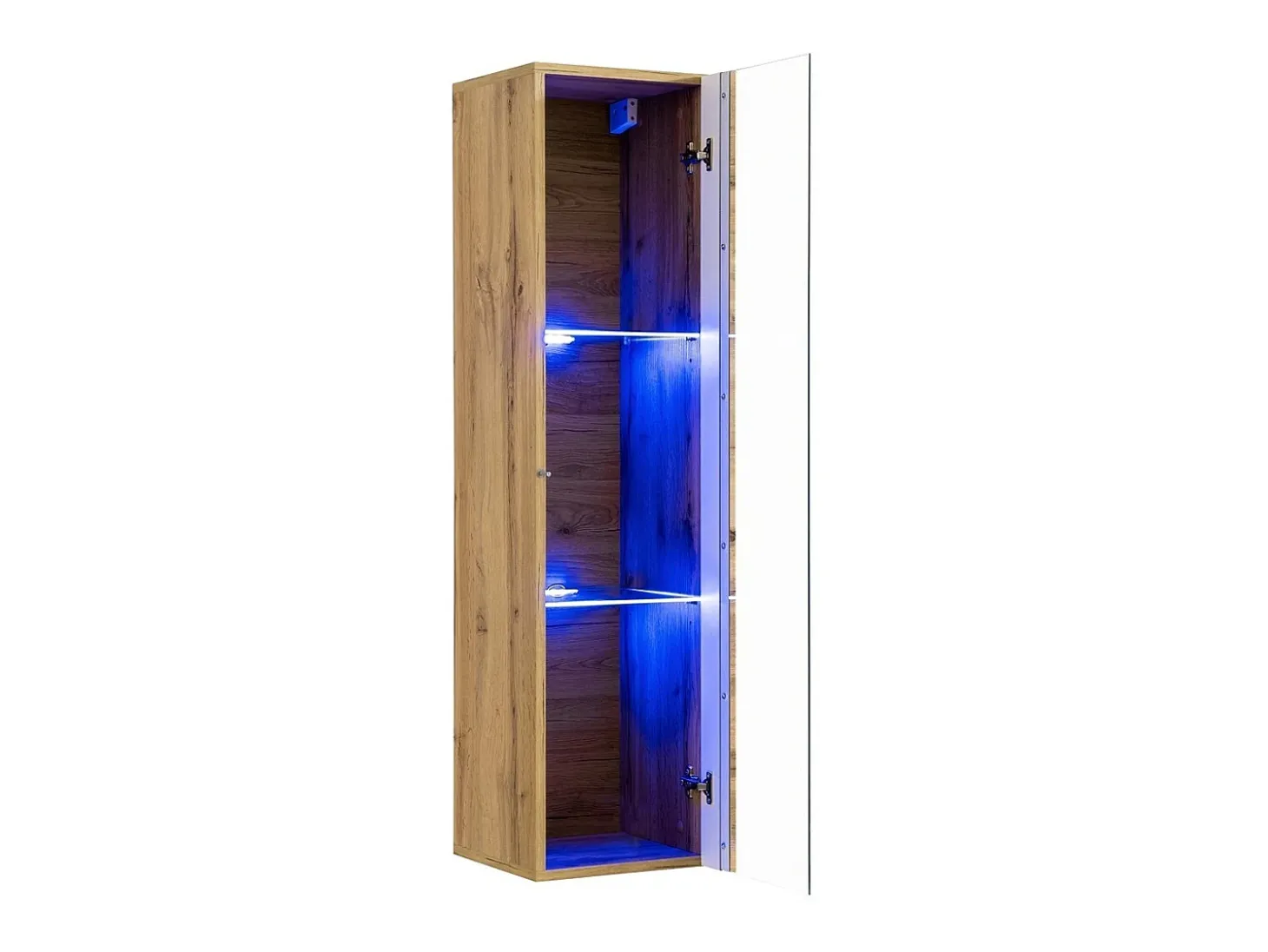 Vitrina colgante en color roble, modelo pequeño con 1 puerta de cristal e iluminación LED incluida. Colección SWITCH.
