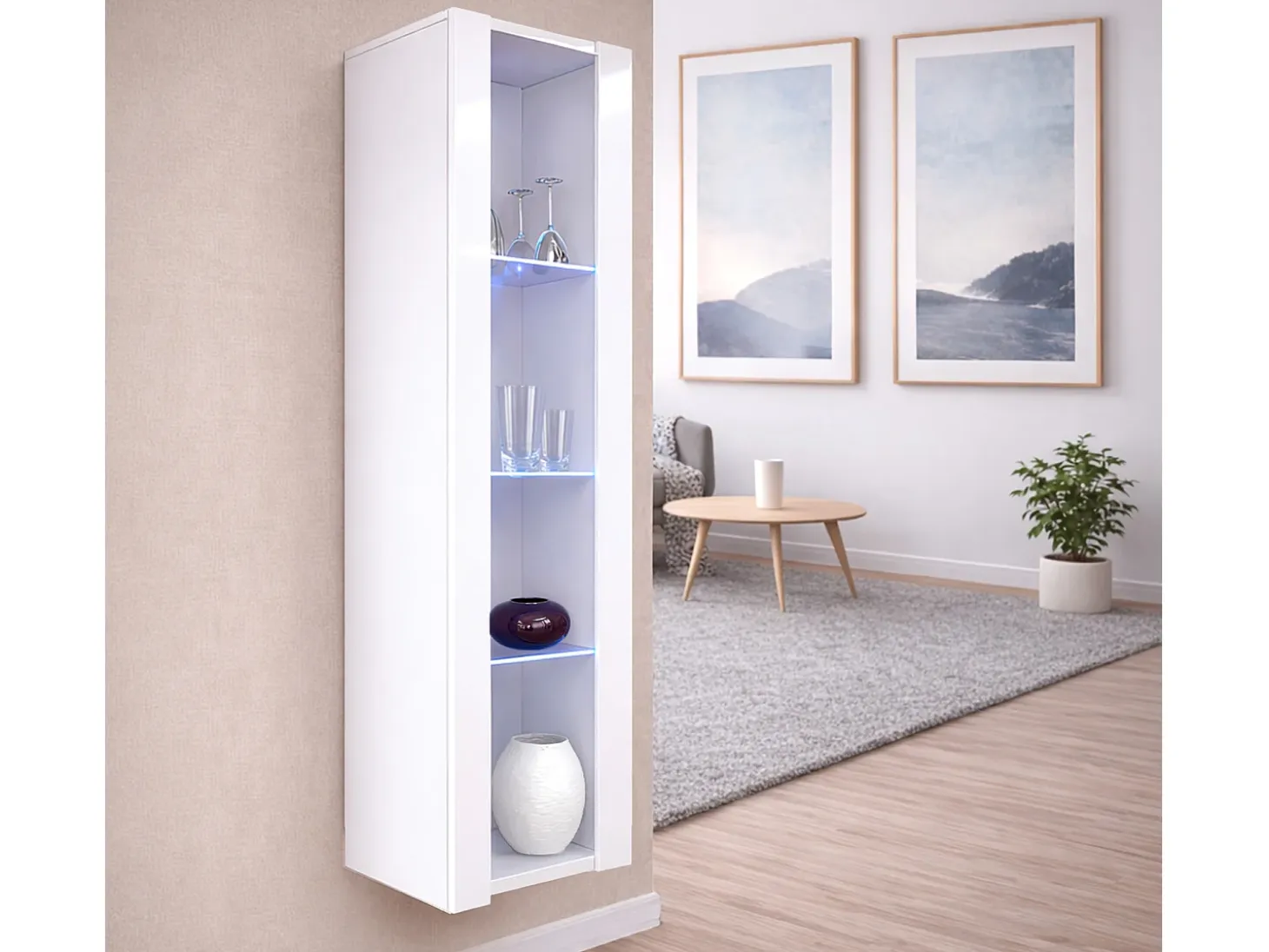 Vitrina colgante para Salón comedor en Blanco con LED 40x29x170cm Nora V5