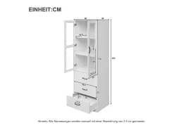 Vitrina con 3 cajones y 2 puertas de cristal - LED - Madera MDF - lacado blanco - 60 x 40 x 200 cm