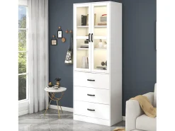 Vitrina con 3 cajones y 2 puertas de cristal - LED - Madera MDF - lacado blanco - 60 x 40 x 200 cm