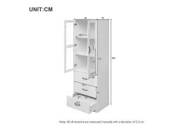 Vitrina con 3 cajones y 2 puertas de cristal - LED - Madera MDF - lacado blanco - 60 x 40 x 200 cm