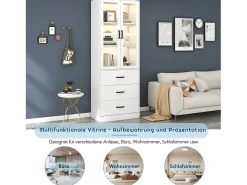 Vitrina con 3 cajones y 2 puertas de cristal - LED - Madera MDF - lacado blanco - 60 x 40 x 200 cm
