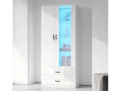 Vitrina con 16 luces LED de colores, 2 cajones y 2 puertas, blanca.