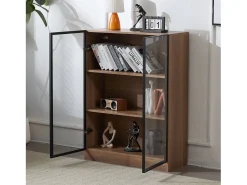 Vitrina con 2 puertas de cristal - 80 x 32 x 106 cm - con estantes de 3 niveles + LED - aglomerado + cristal - Nogal
