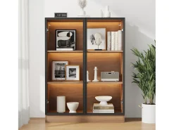 Vitrina con 2 puertas de cristal - 80 x 32 x 106 cm - con estantes de 3 niveles + LED - aglomerado + cristal - Nogal