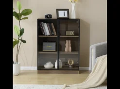 Vitrina con 2 puertas de cristal - 80 x 32 x 106 cm - con estantes de 3 niveles + LED - aglomerado + cristal - Nogal