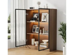 Vitrina con 2 puertas de cristal - 80 x 32 x 106 cm - con estantes de 3 niveles + LED - aglomerado + cristal - Nogal