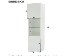 Vitrina con 2 puertas y 1 estante de cristal - 45 x 35 x 160 cm - LEDs - Tablero de partículas - Blanco brillo