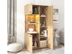 Vitrina con 3 puertas y 2 estantes - LEDs - tableros de partículas y cristal - altura 150cm - color roble