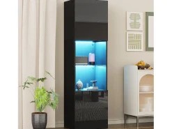 Vitrina con 2 puertas y 1 estante de cristal - 45 x 35 x 160 cm - LEDs - Tablero de partículas - Negro brillo