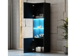 Vitrina con 2 puertas y 1 estante de cristal - 45 x 35 x 160 cm - LEDs - Tablero de partículas - Negro brillo