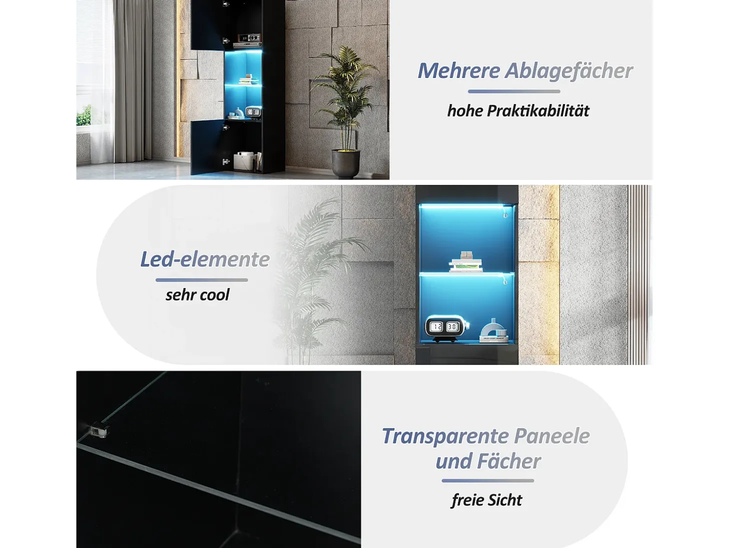 Vitrina con 2 puertas y 1 estante de cristal - 45 x 35 x 160 cm - LEDs - Tablero de partículas - Negro brillo
