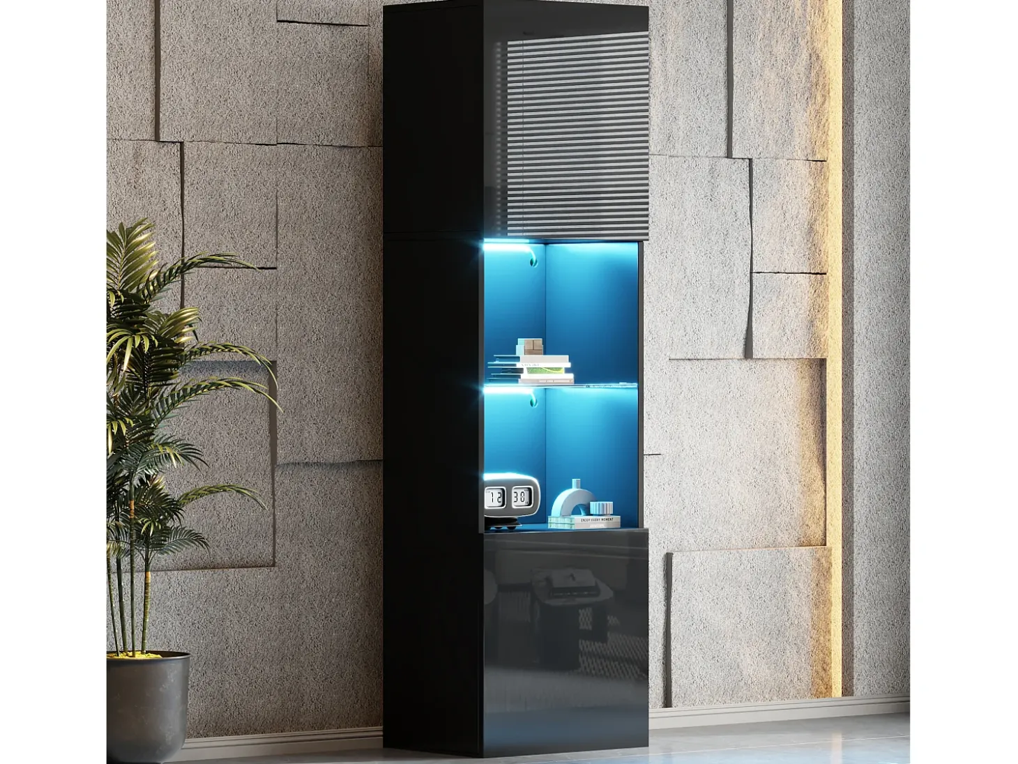 Vitrina con 2 puertas y 1 estante de cristal - 45 x 35 x 160 cm - LEDs - Tablero de partículas - Negro brillo