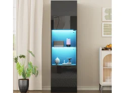 Vitrina con 2 puertas y 1 estante de cristal - 45 x 35 x 160 cm - LEDs - Tablero de partículas - Negro brillo