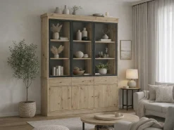 Vitrina con almacenamiento y LEDs - Natural y negro - MARSORIA