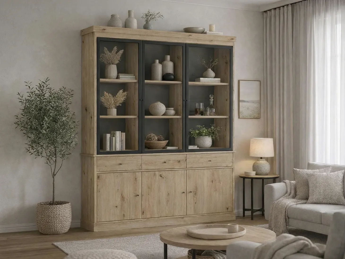 Vitrina con almacenamiento y LEDs - Natural y negro - MARSORIA
