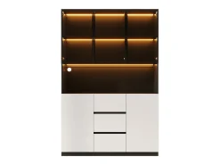 Vitrina con iluminación LED - 120×40×200 cm - 3 cajones y 5 puertas - Estantes abiertos - MDF + vidrio - Blanco+negro