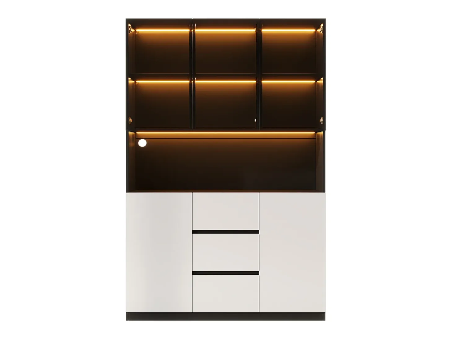 Vitrina con iluminación LED - 120×40×200 cm - 3 cajones y 5 puertas - Estantes abiertos - MDF + vidrio - Blanco+negro