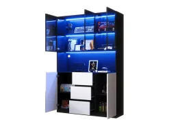 Vitrina con iluminación LED - 120×40×200 cm - 3 cajones y 5 puertas - Estantes abiertos - MDF + vidrio - Blanco+negro