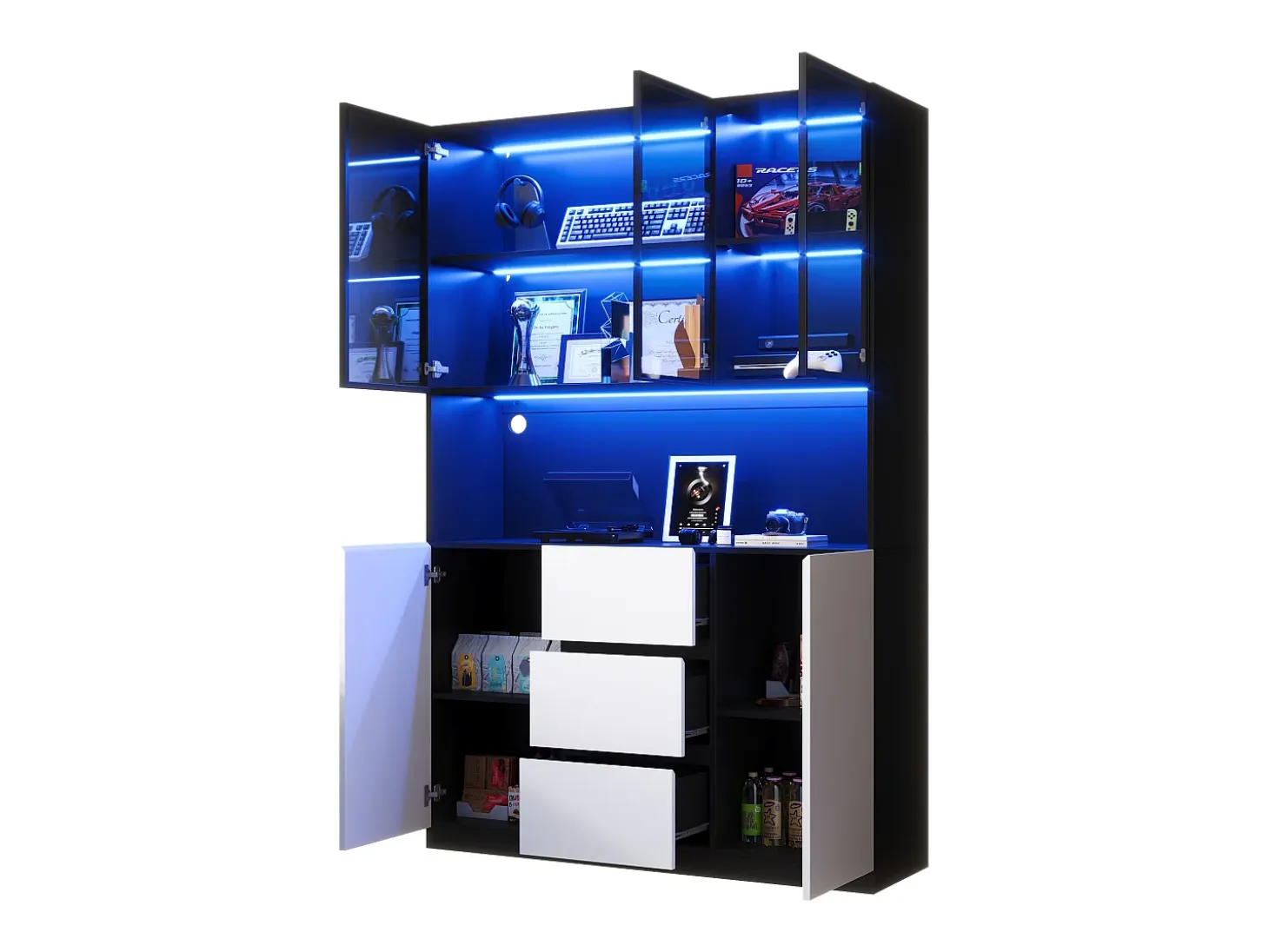 Vitrina con iluminación LED - 120×40×200 cm - 3 cajones y 5 puertas - Estantes abiertos - MDF + vidrio - Blanco+negro