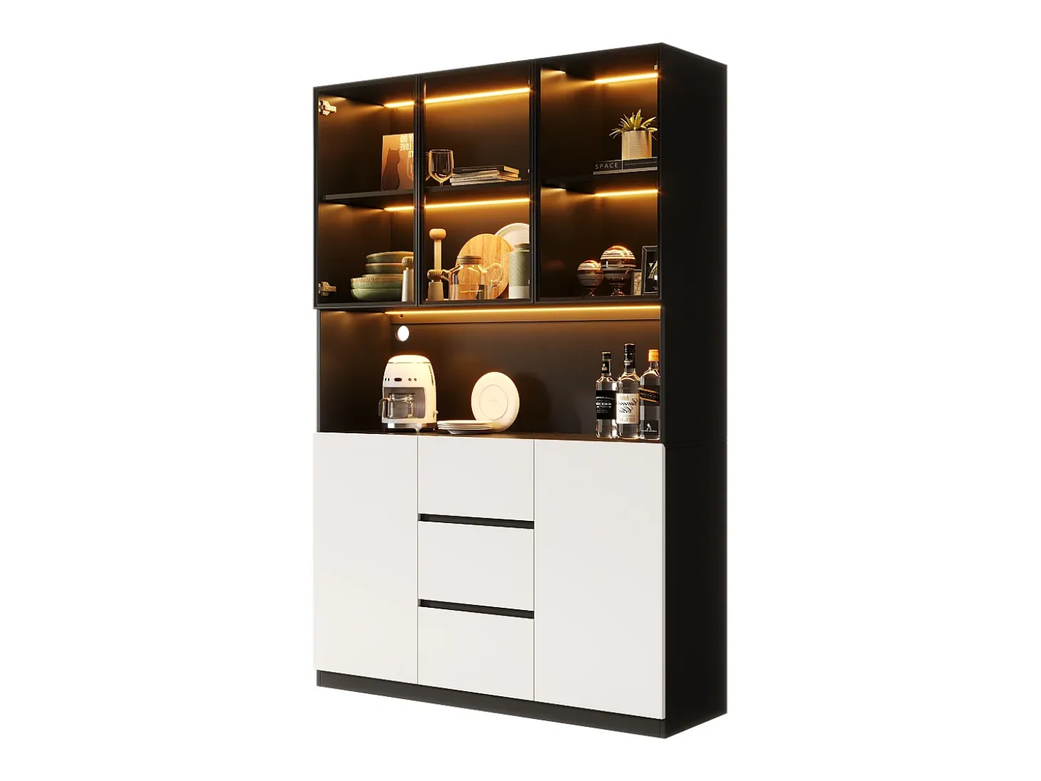 Vitrina con iluminación LED - 120×40×200 cm - 3 cajones y 5 puertas - Estantes abiertos - MDF + vidrio - Blanco+negro