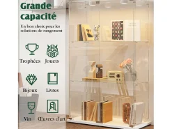 Vitrina con iluminación LED, autoportante, con cerradura, 2 puertas y 3 estantes, color blanco, 123,3 x 78,5 x 35 cm
