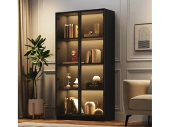 Vitrina con iluminación LED y 2 puertas de cristal - Estantes ajustables - Negra
