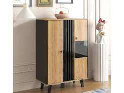 Vitrina con LED, 2 puertas de cristal, diseño moderno, madera y negro, tablero de partículas (80x40x120 cm)