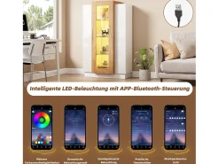 Vitrina con LED, 3 puertas, estantes regulables, blanca y madera (74x40x120 cm)