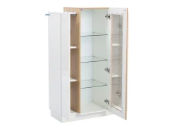 Vitrina con LED, 3 puertas, estantes regulables, blanca y madera (74x40x120 cm)