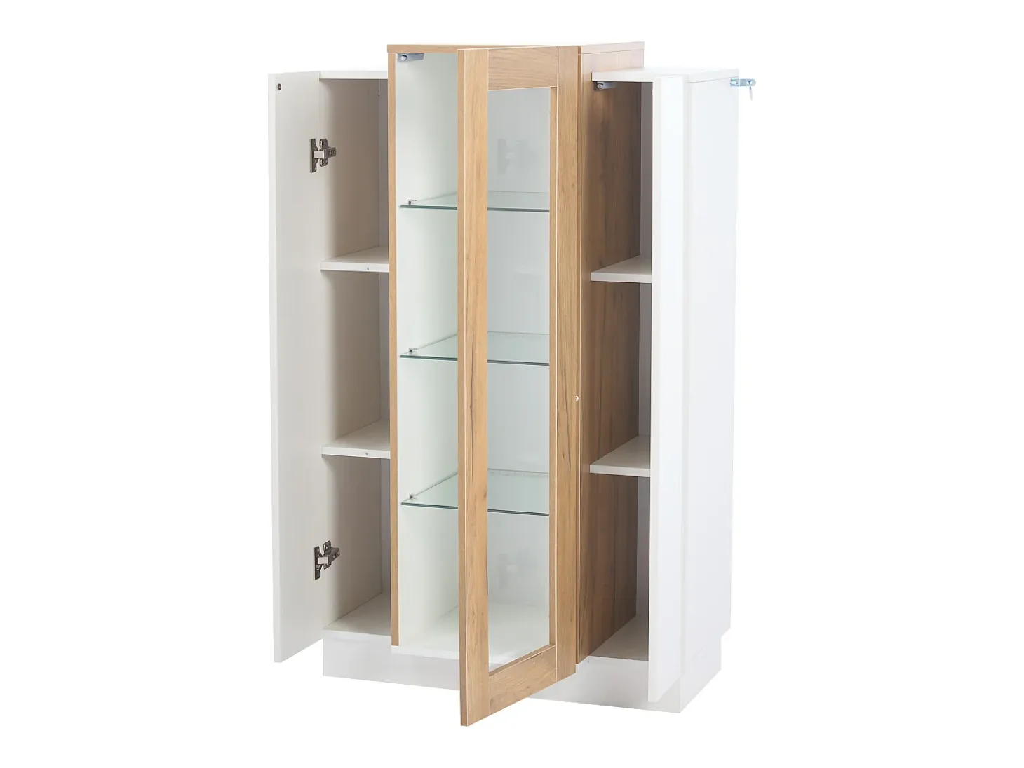 Vitrina con LED, 3 puertas, estantes regulables, blanca y madera (74x40x120 cm)