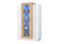 Vitrina con LED, 3 puertas, estantes regulables, blanca y madera (74x40x120 cm)