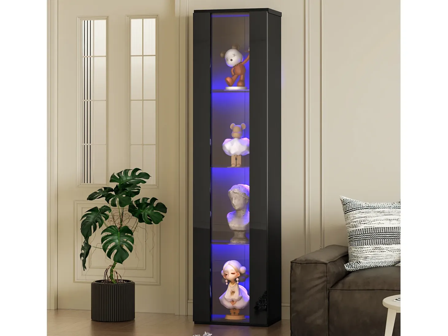 Vitrina con puerta acrílica e iluminación LED - estantes de cristal - Negro 40 x 29 x 170 cm