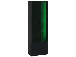 Vitrina con puerta transparente - 60 x 35 x 182,5 cm - con LEDs + 2 puertas + 2 cajones - aglomerado - negro