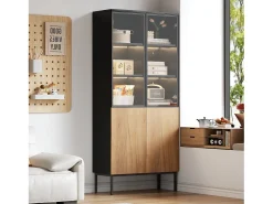 Vitrina con puertas de cristal, 180 cm, con LED, estantes regulables, MDF, negro y roble (74x31x180 cm)