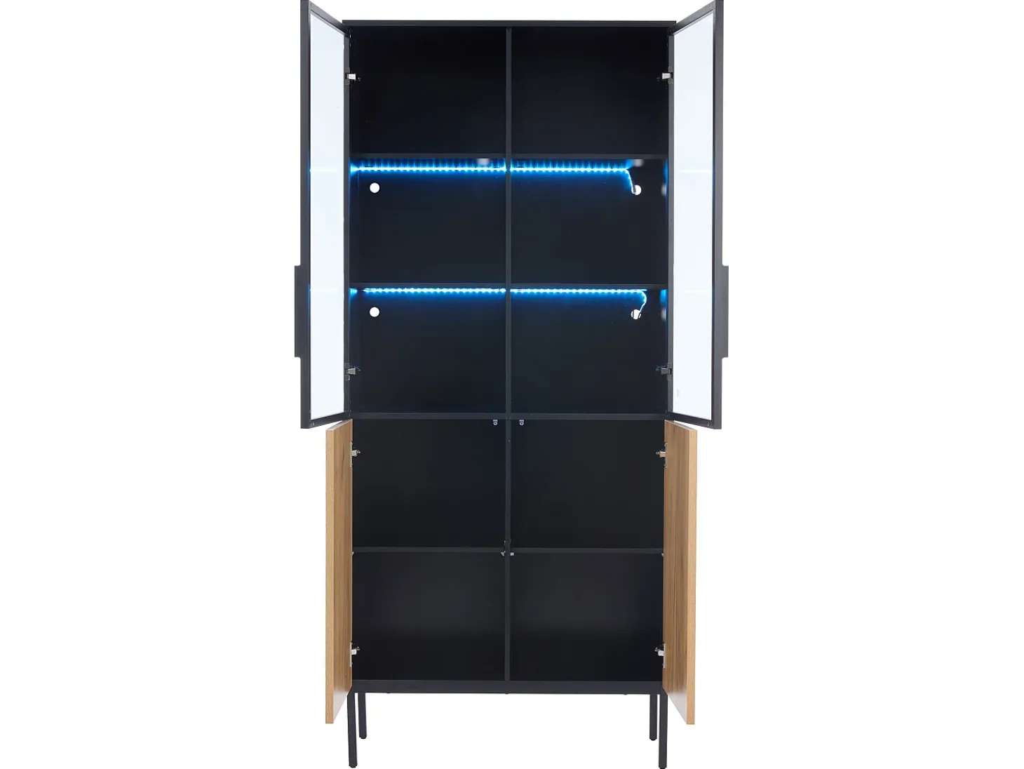 Vitrina con puertas de cristal, 180 cm, con LED, estantes regulables, MDF, negro y roble (74x31x180 cm)