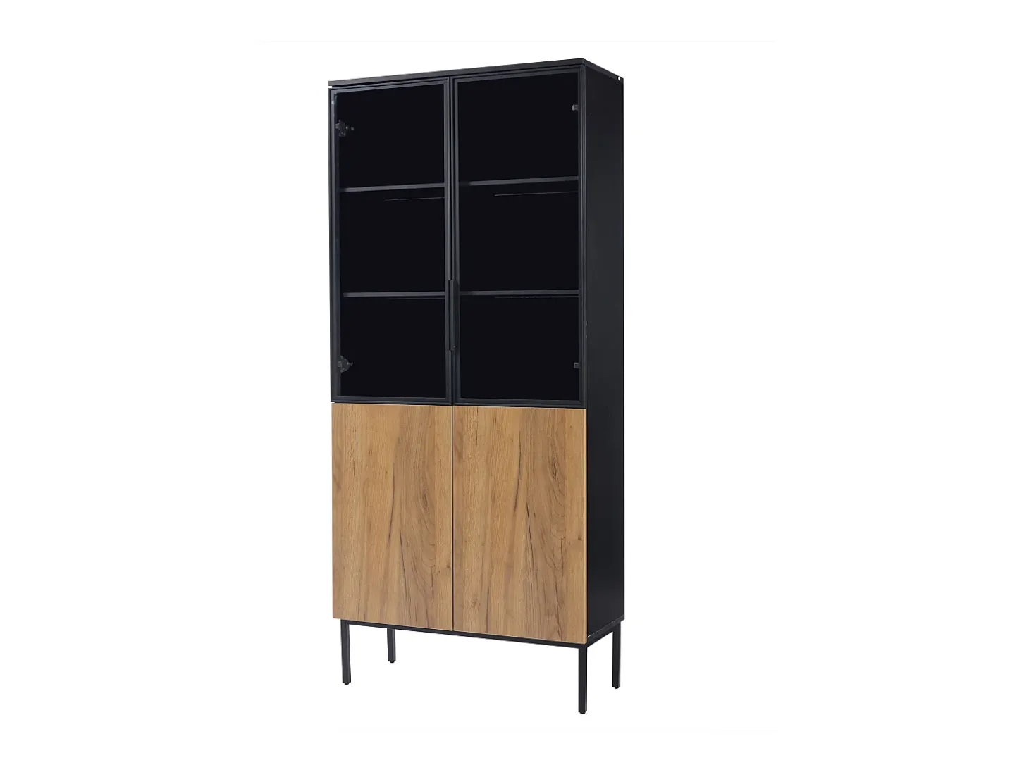 Vitrina con puertas de cristal, 180 cm, con LED, estantes regulables, MDF, negro y roble (74x31x180 cm)