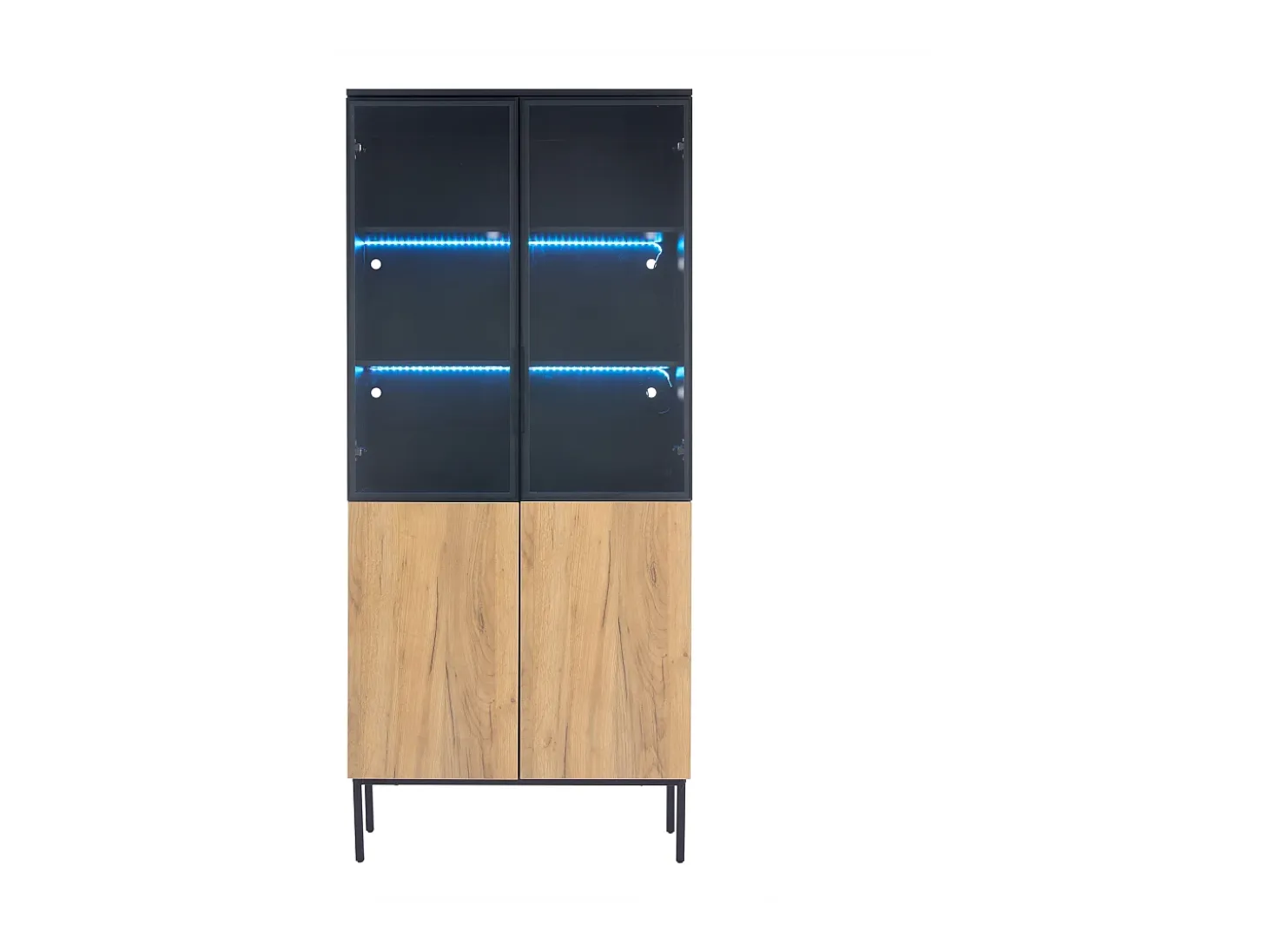 Vitrina con puertas de cristal, 180 cm, con LED, estantes regulables, MDF, negro y roble (74x31x180 cm)