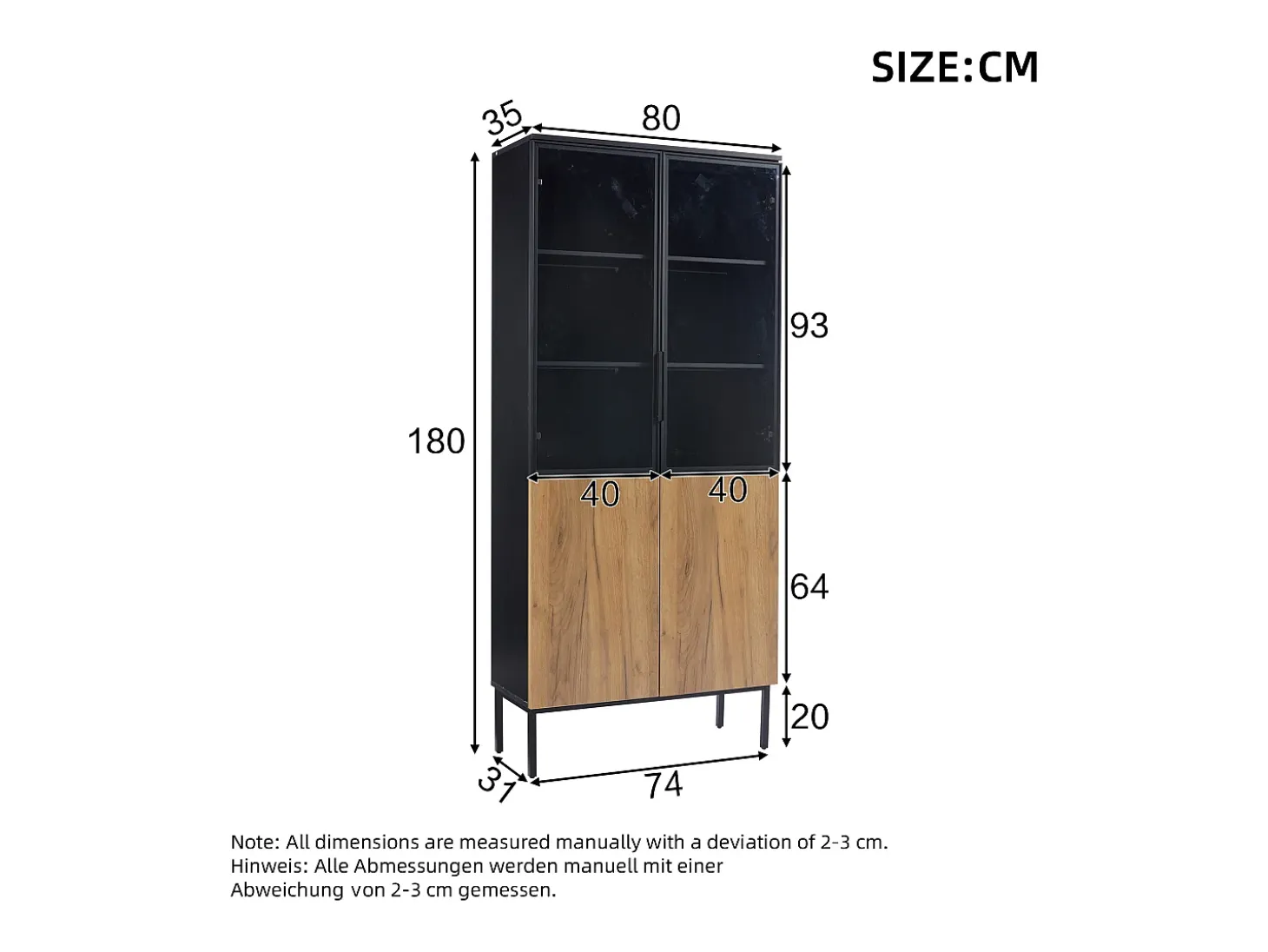 Vitrina con puertas de cristal, 180 cm, con LED, estantes regulables, MDF, negro y roble (74x31x180 cm)